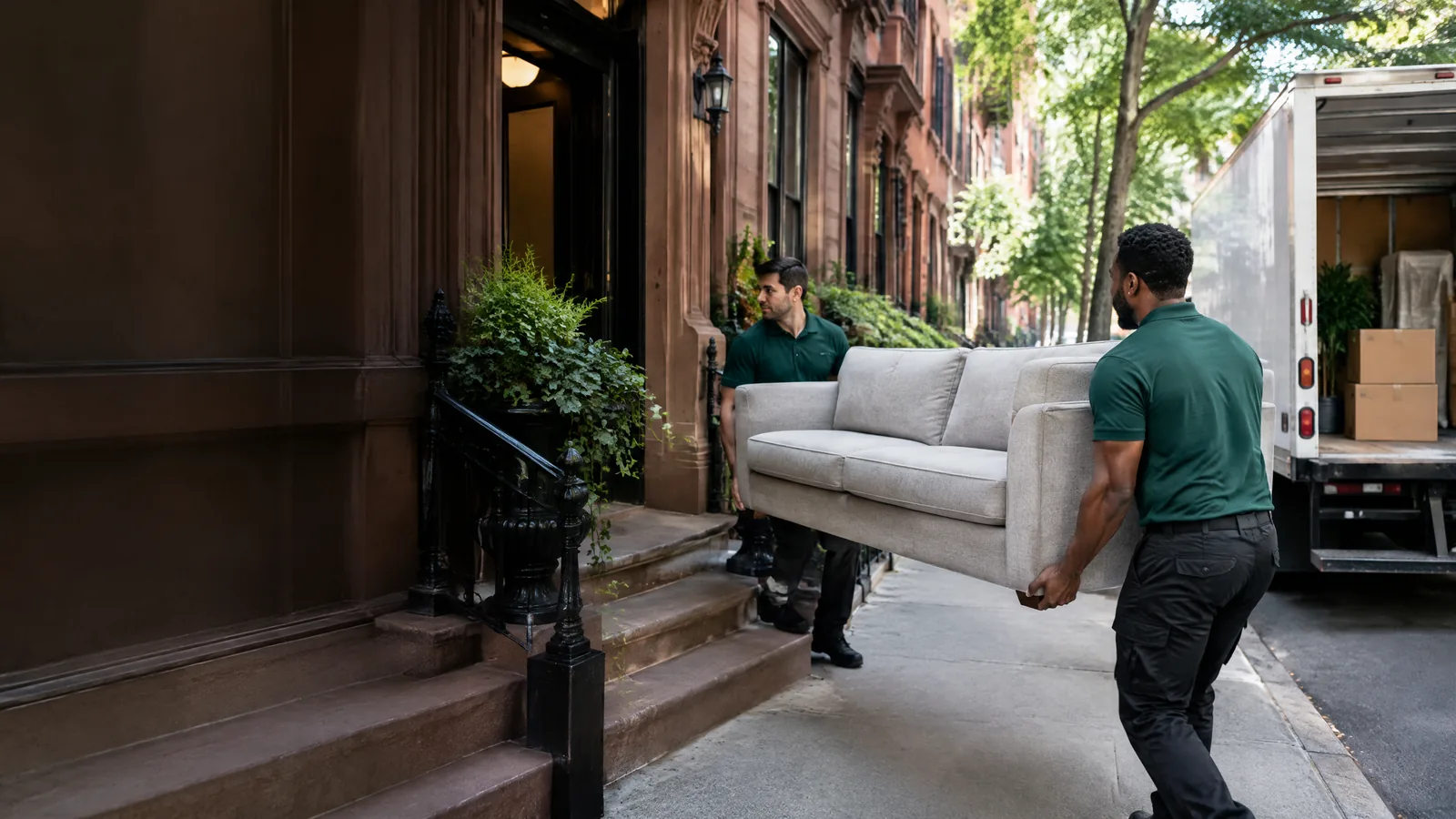 Professional removal crew carrying a sofa outside a Brooklyn brownstone